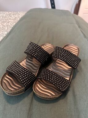 Black sparkle Double-Velcro Strap Slide Wedge Sandals